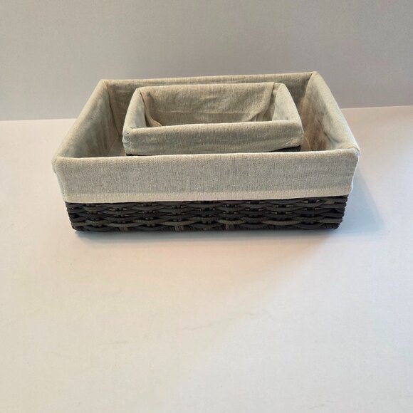 Set of 2 Woven Storage Baskets with Fabric Liners - Gray Brown Wicker - Picture 1 of 8